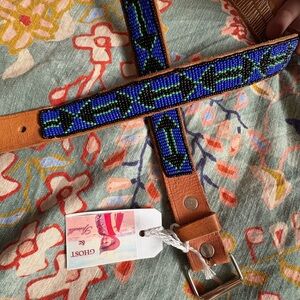 😱Vintage Beaded Leather Belt – Blue & Black Geometric Design (Size 34/36)